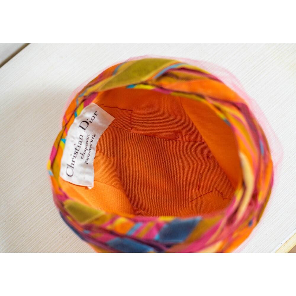 Vintage 60s Bright Colorful Christian Dior Hat, Turban Tulle Chapeaux Cloche - Picture 8 of 12